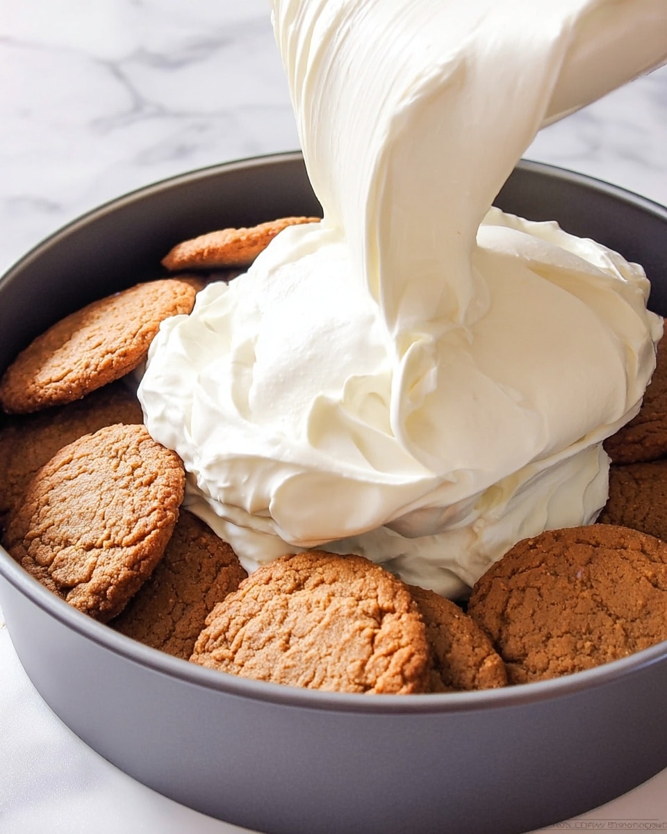 A close-up image of a dark gray round pan filled with two layers: the bottom layer shows eight golden-brown cookies tightly placed side by side, forming a circle evenly covering the pan base; the top layer is thick, smooth, and creamy white frosting being poured down from above, creating soft peaks and flowing folds over the cookies. The background features a white marbled surface. Photo taken with an iphone --ar 4:5 --v 7