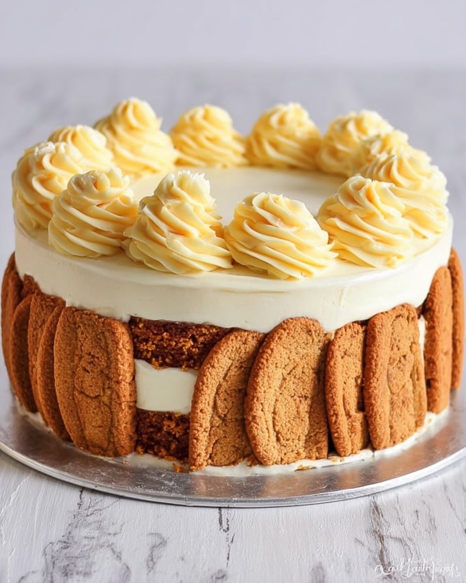 The image shows a round cake with three clear layers. The bottom and middle layers are made of stacked, golden-brown cookies with a rough texture. Between these cookie layers, there is a thin white cream layer. The outside middle part of the cake is covered with smooth white frosting. Large round cookies are placed vertically around the side of the cake, partially embedded in the frosting. On top, there are swirls of light yellow cream in an even ring. The cake is on a metal tray that sits on a white marbled surface. Photo taken with an iphone --ar 4:5 --v 7