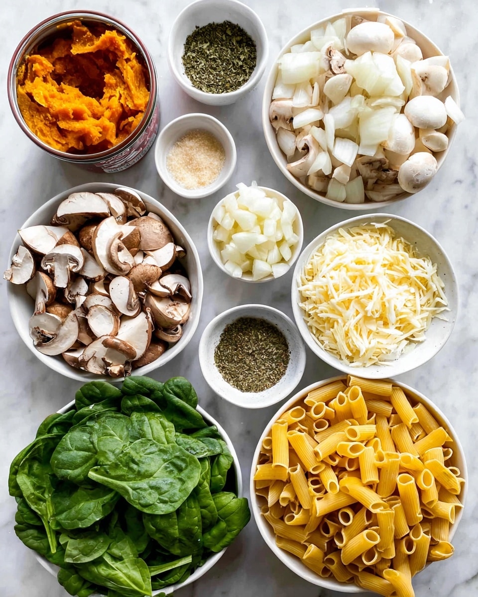 Several small white bowls and one white can are arranged on a white marbled surface. From top left clockwise, there is a small white bowl with green dried herbs, a small white bowl with chopped white garlic, a small white bowl with light beige powder, a medium white bowl filled with diced white onions, a medium white bowl filled with sliced brown mushrooms showing white interiors, a small white bowl with shredded white cheese, a large white bowl filled with dry yellow tube pasta, and a white can slightly open showing orange pumpkin puree. In the center left, a medium white bowl is filled with fresh green spinach leaves. The colors are natural and bright, with a clean and fresh look. photo taken with an iphone --ar 4:5 --v 7