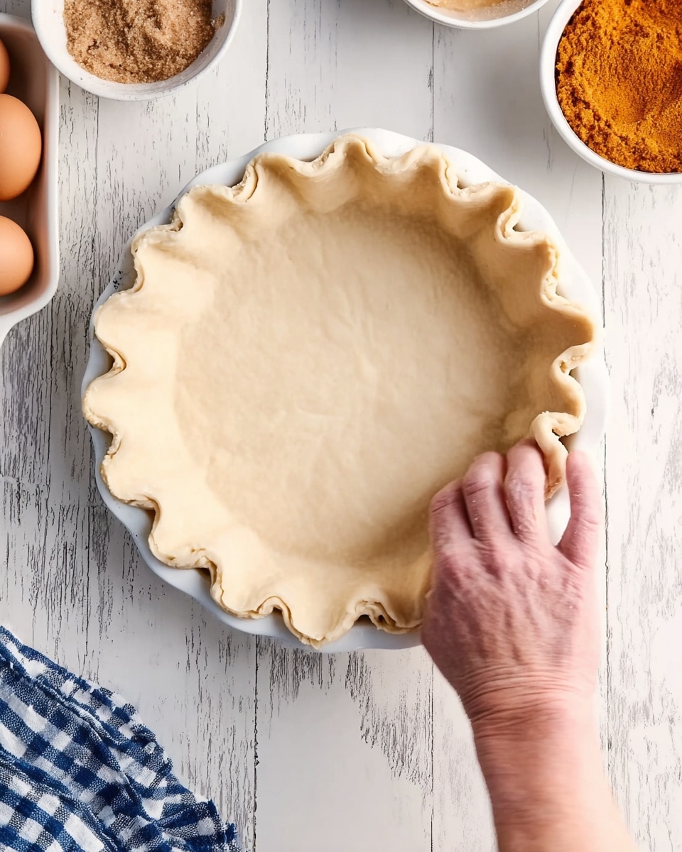 A close-up view of a pie crust in a white pie dish, with the edge being crimpped by a woman's hand, creating a wavy pattern around the rim. The crust is pale and smooth, filling the dish fully. Around the dish, on a white marbled surface, there are bowls with brown sugar and orange pumpkin puree, and a white rectangular dish holding two brown eggs. A blue and white checked cloth is partly visible near the bottom left corner. photo taken with an iphone --ar 4:5 --v 7