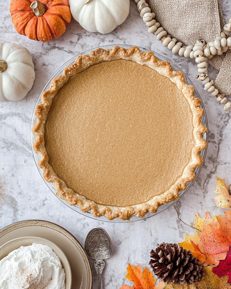 The image shows a round pie with a light brown filling and a golden, crimped crust in a clear glass pie dish placed on a white marbled surface. Around the pie, there are small decorative pumpkins in white, beige, and brown textured fabric, along with a garland of wooden beads in orange and white. At the bottom right, there are colorful autumn leaves and a pine cone, adding fall-themed colors like orange, yellow, and green. To the bottom left, a white bowl with white whipped cream sprinkled with a light brown powder sits on a tan plate with an ornate silver spoon beside it. Photo taken with an iphone --ar 4:5 --v 7