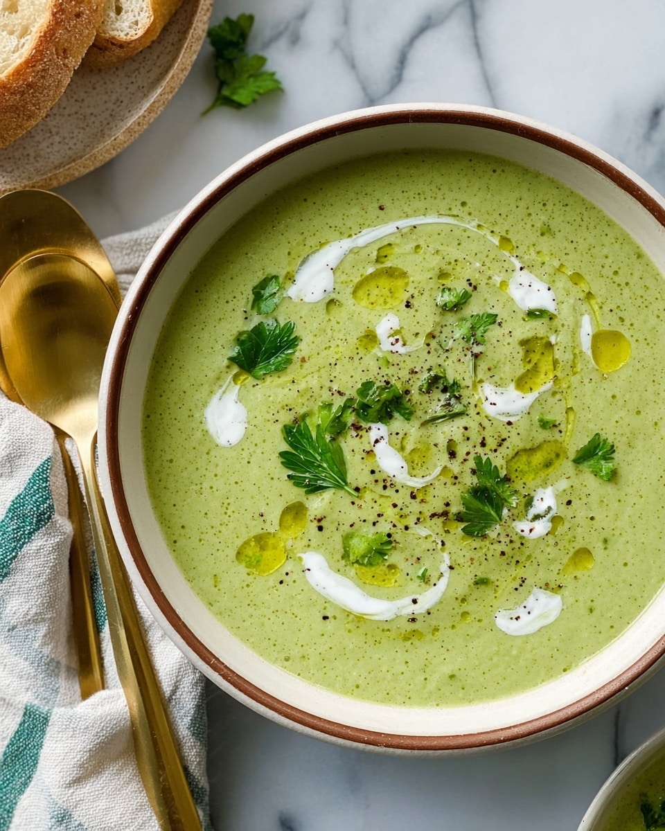 A white bowl with a thin brown rim is filled with a smooth, light green soup with a creamy texture. The soup surface is decorated with small swirls of white cream and drops of yellow olive oil scattered unevenly. Bright green parsley leaves are spread on top, along with a light sprinkle of black pepper, creating a textured look. The bowl sits on a white marbled surface, next to a piece of bread. Nearby, there is a gold spoon and fork resting on a white cloth with green stripes, adding a warm metallic contrast. Photo taken with an iphone --ar 4:5 --v 7