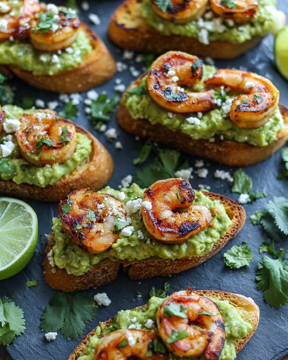 The image shows several open pieces of toasted bread, each topped with a thick green layer of chunky guacamole. On top of the guacamole, there are three grilled shrimp on most slices, which are golden brown with some dark grill marks. Small white crumbles of cheese and tiny green herb pieces are sprinkled on and around the shrimp. The bread has a golden brown, crunchy texture with a slightly rough surface. Fresh green cilantro leaves and a lime wedge add color around the bread on a dark slate serving surface. The overall colors are green, brown, golden, and white with the shrimp giving a warm orange tone. photo taken with an iphone --ar 4:5 --v 7