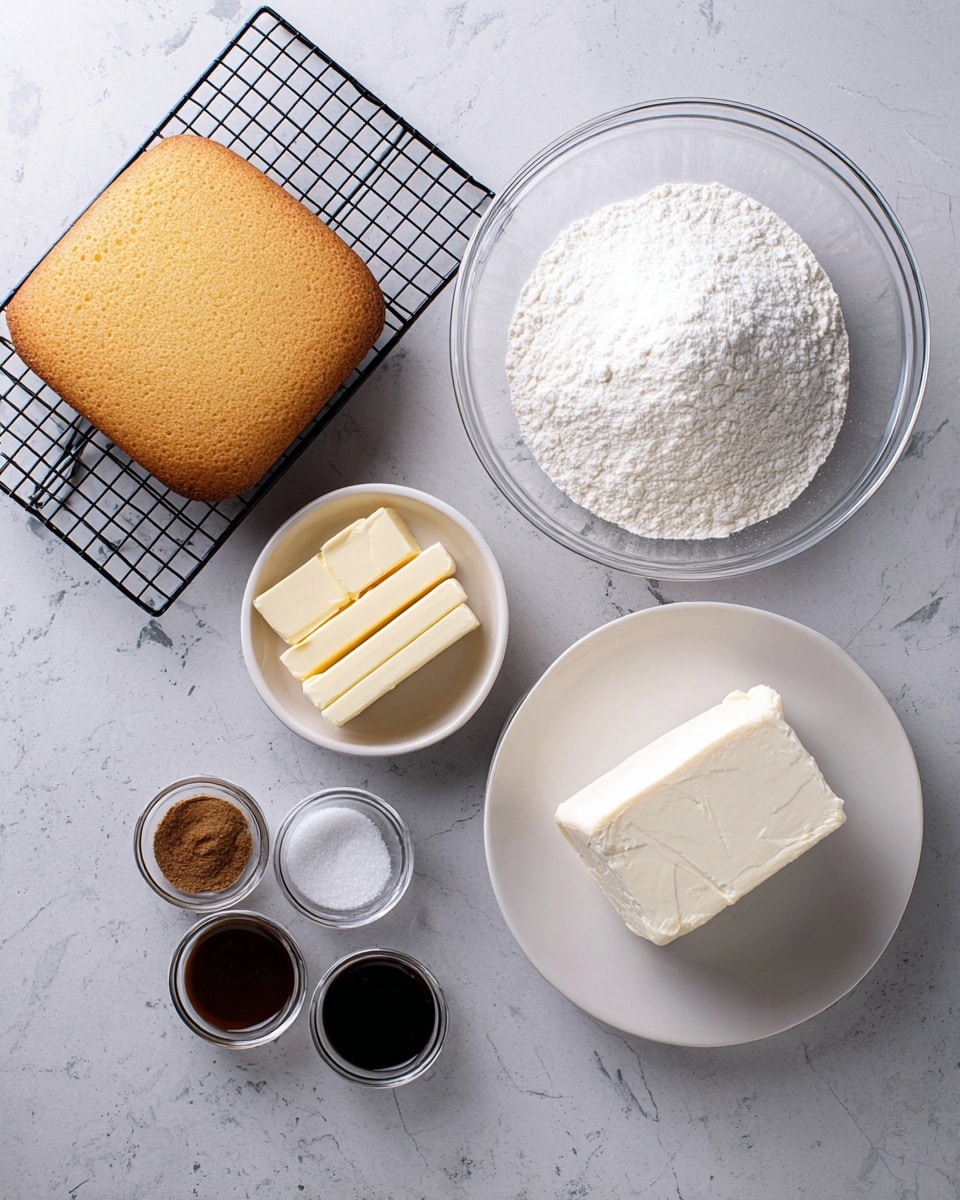 The image shows baking ingredients arranged neatly on a white marbled surface. On the top left sits a single golden brown cake layer cooling on a black wire rack. Below it is a small white bowl containing three rectangular sticks of pale yellow butter. To the right of the butter, there is a large transparent glass bowl filled with fine white powdered sugar. Below the powdered sugar bowl, a white plate holds two blocks of smooth, creamy white cream cheese, one larger and one smaller piece stacked slightly. Near the center bottom of the image are three small metal bowls holding dark brown vanilla extract, light brown ground cinnamon, and white salt, each with fine textures. The overall setup is clean and organized for baking preparation, photo taken with an iphone --ar 4:5 --v 7