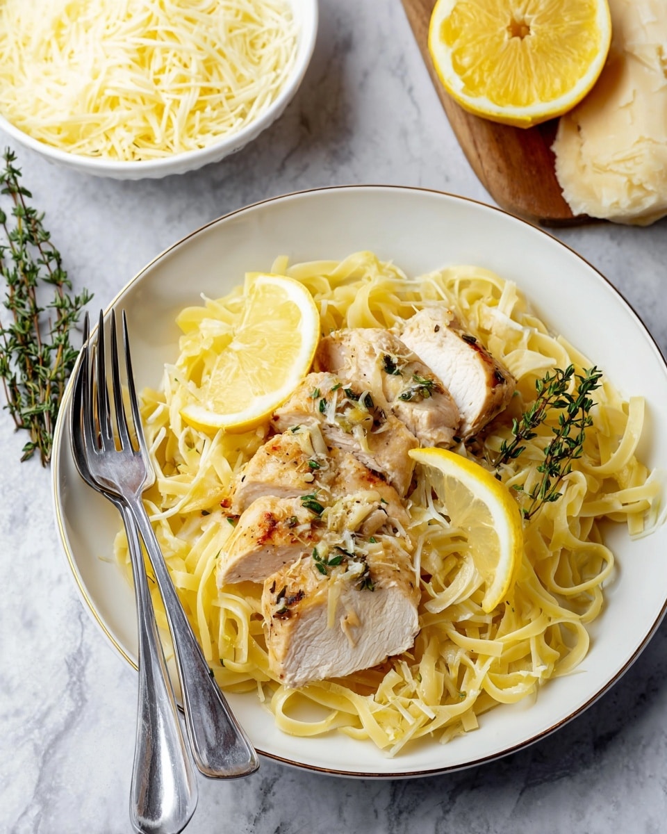 A white plate sits on a white marbled surface, filled with a base layer of soft yellow pasta noodles arranged loosely. On top, there are three sliced pieces of cooked, light golden-brown chicken with small bits of garlic and herbs sprinkled on them. A slice of bright yellow lemon and a small green sprig of thyme rest beside the chicken on the noodles. To the left of the plate, a silver fork is placed with its prongs facing up. In the background, there is a white bowl filled with finely shredded pale yellow cheese, and a half lemon showing its juicy inside is also visible. photo taken with an iphone --ar 4:5 --v 7