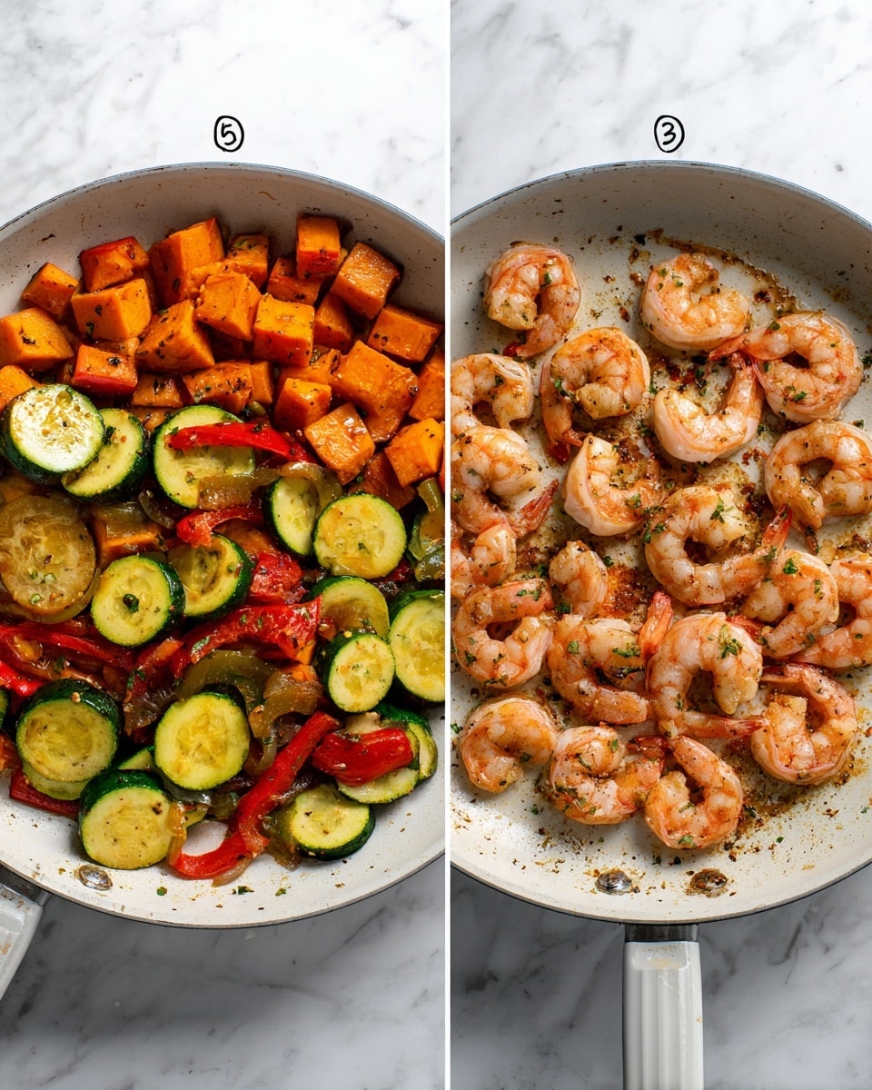 The image is divided into two sections, each showing a white frying pan on a white marbled surface. On the left side, the pan is filled with three types of cooked vegetables: orange cubed pieces (likely sweet potatoes), green and yellow half-moon slices of zucchini, and red bell pepper chunks, all mixed together with a shiny, slightly oily texture and herbs visible. On the right side, the pan contains around fifteen cooked shrimp with a light orange and pink color, arranged loosely around the pan with seasoning and small bits of herbs and browned bits on the pan's surface. photo taken with an iphone --ar 4:5 --v 7