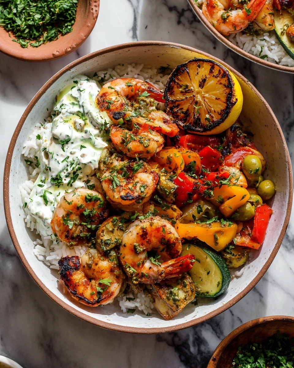 A white bowl filled with a base layer of fluffy white rice, topped with a colorful mix of grilled shrimp, charred lemon half on the right side, and sautéed vegetables like zucchini and bell peppers in red, yellow, and green tones scattered around. There are green olive slices and herbs sprinkled on top, adding a fresh green touch. A dollop of creamy white sauce with herbs is placed on the left side of the bowl. The bowl sits on a white marbled surface with part of another bowl and a small bowl of chopped green herbs in the background. Photo taken with an iphone --ar 4:5 --v 7