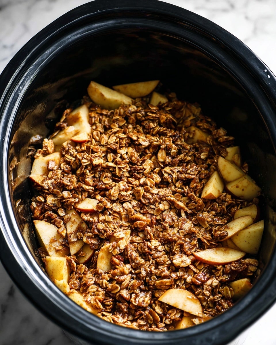 This image shows a close-up of a black slow cooker filled with a two-layer dessert. The bottom layer is made of thinly sliced apple pieces that are light yellow and slightly brown on the edges, filling the slow cooker almost fully. On top, there is a thick, chunky granola layer with oats, nuts, and a sticky, caramelized coating in shades of dark brown. The granola is spread unevenly, allowing some apple slices to peek through. The surface underneath the slow cooker is a white marbled texture. Photo taken with an iphone --ar 4:5 --v 7