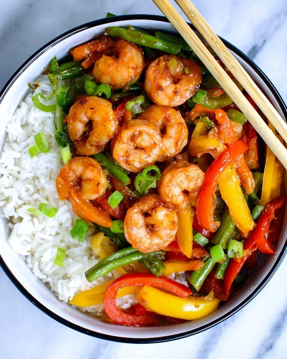 A white bowl with a thin black rim holds a dish with three layers. The bottom layer is fluffy white rice with distinct grains. On top of the rice, a colorful mix of vegetables is spread, including bright orange and red bell peppers, yellow bell peppers, green beans, and green onion pieces. The top layer features cooked shrimp with an orange-pink color, slightly shiny from sauce, arranged evenly on the vegetables. Two light wooden chopsticks rest on the edge of the bowl. The bowl sits on a white marbled surface. photo taken with an iphone --ar 4:5 --v 7
