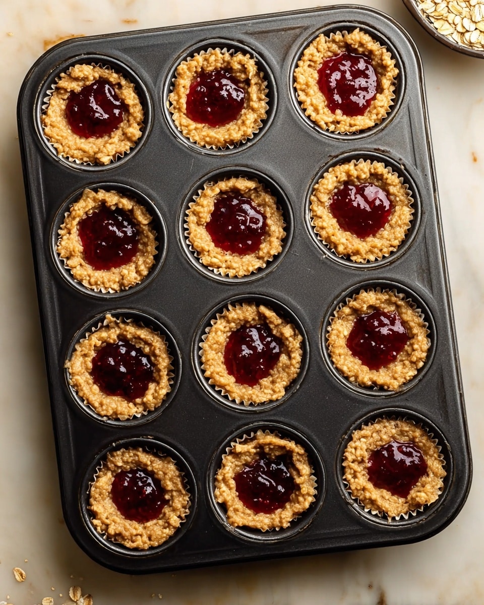 A black muffin tray filled with twelve portions of a raw mixture of light brown oat batter evenly distributed in each cup. In the center of each portion, there is a dollop of dark red jam sitting on top, creating a distinct contrast. The tray sits on a white marbled surface with some baking ingredients partially visible around it. The batter has a rough texture with visible oat flakes, and the jam looks smooth and slightly thick. Photo taken with an iphone --ar 4:5 --v 7