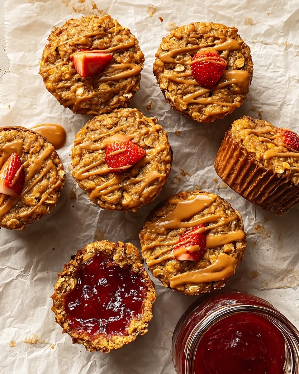 The image shows seven oatmeal muffins on a piece of crinkled white parchment paper over a white marbled surface. Each muffin is golden brown with visible oats and has a drizzle of light brown peanut butter on top. Two muffins have a small red strawberry slice placed near the edge. One muffin is split in half, revealing a thick, glossy red jam filling inside. There is an open glass jar filled with the same red jam near the bottom right corner of the image. The lighting highlights the textures and colors, making the muffins look soft and moist. photo taken with an iphone --ar 4:5 --v 7