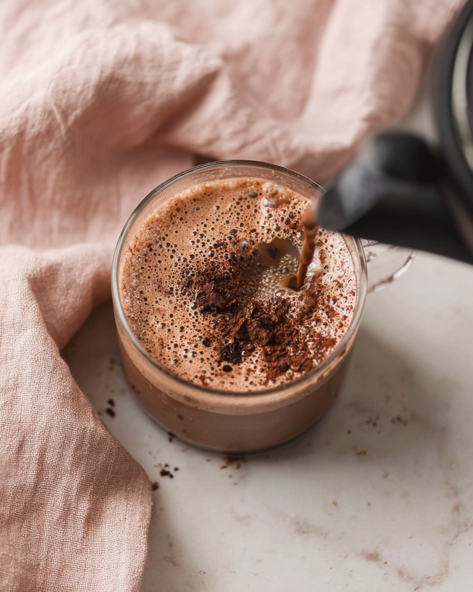 The image shows a clear glass cup filled with light brown hot chocolate, with dark brown cocoa powder floating and starting to dissolve on the surface, creating a textured, bubbly top layer. A black spout from a kettle is pouring hot water or milk into the cup, causing some motion in the liquid. Behind the cup, there is a soft, pale pink linen cloth with a slightly wrinkled texture. The whole scene is set on a white marbled surface. photo taken with an iphone --ar 4:5 --v 7