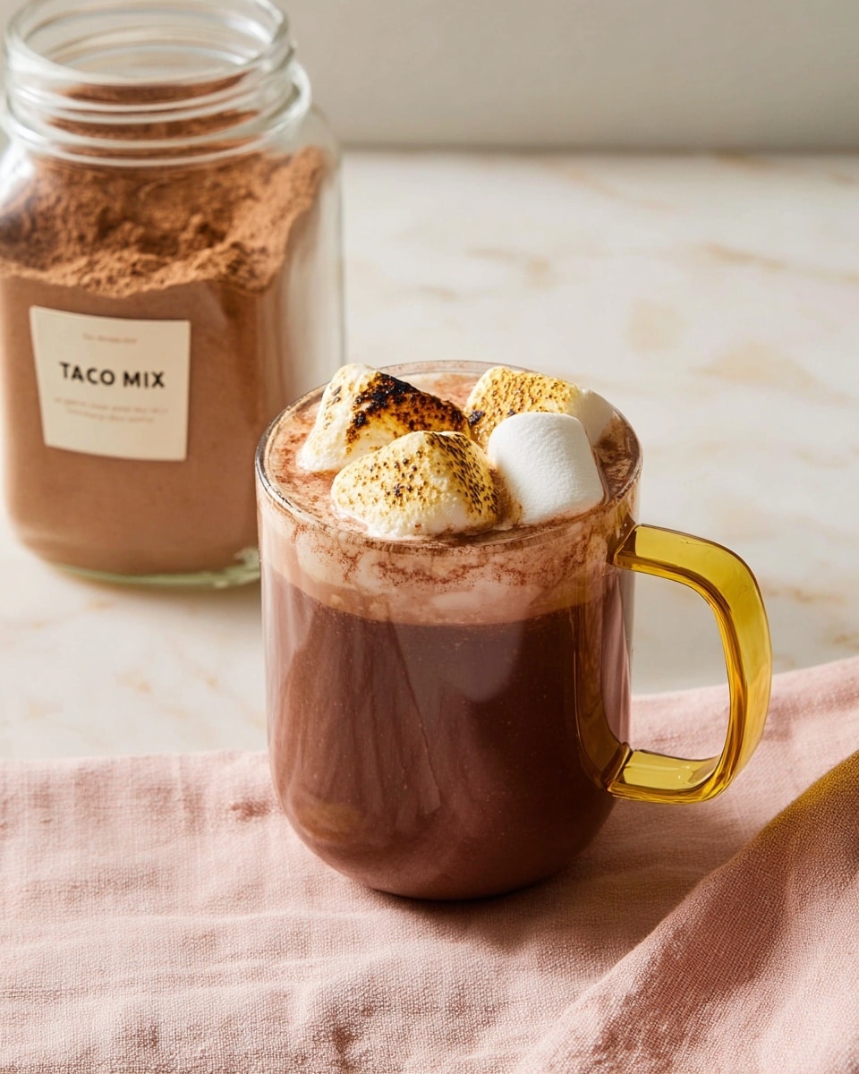 A clear glass cup with a yellow handle holds a dark brown hot chocolate drink topped with four large toasted marshmallows that have a golden-brown charred surface, sitting on a light beige textured surface with a soft pink cloth beside it; in the background, there is a glass jar filled with a brown powder labeled 