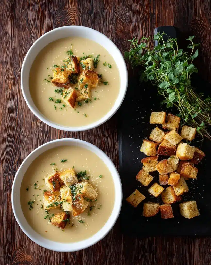 Creamy Garlic Bread Soup with Homemade Croutons Recipe