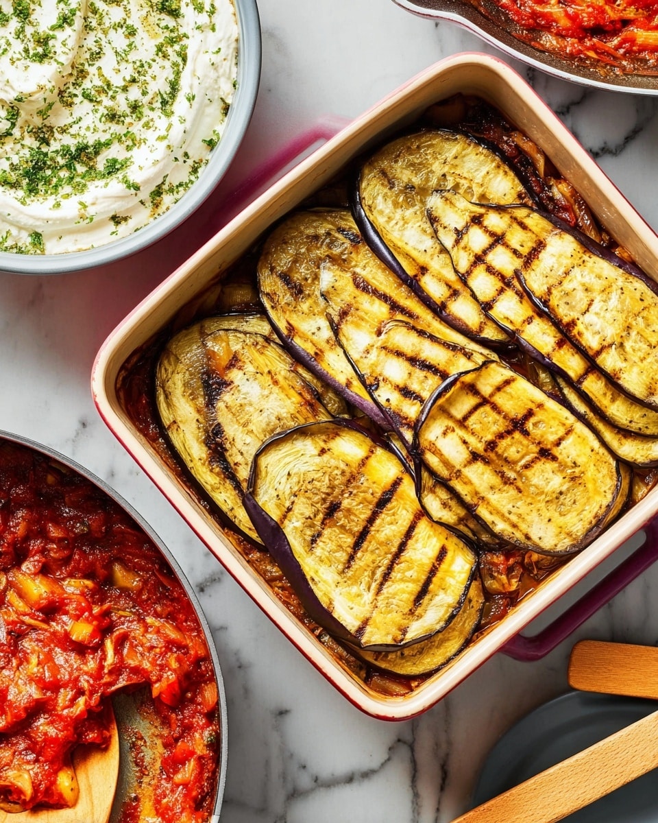 The image shows a baking dish filled with a layered eggplant dish on a white marbled surface. The bottom layer is hidden but appears to be a sauce or cooked vegetables. On top of this base, there are closely arranged overlapping slices of grilled eggplant, showing both light golden and darker grill marks in shades of brown and yellow. Two additional grilled eggplant slices are placed across the middle in a crisscross pattern, showing a slightly darker, caramelized texture. To the top left, there is a white bowl with a creamy white mixture containing green herbs, and to the top right, a white pan with a rich red tomato sauce with visible pieces of vegetables and a wooden spatula resting inside. Photo taken with an iphone --ar 4:5 --v 7