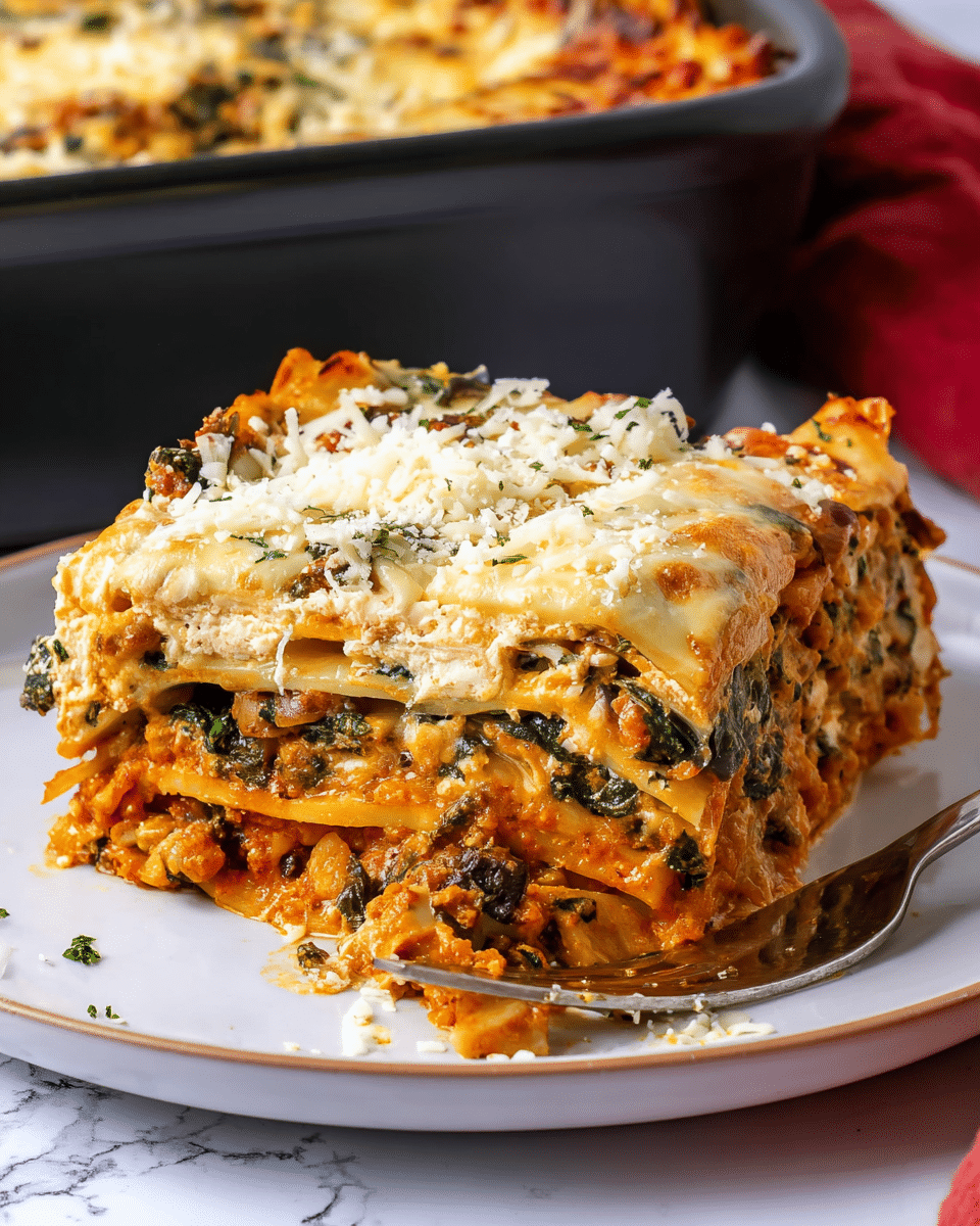 The image shows a thick slice of lasagna on a white plate with a white marbled texture background. The lasagna has multiple layers: the bottom layer is a moist, orange-brown sauce mixed with green herbs and chunks of vegetables. Above this is a layer of light-colored creamy cheese with visible bits of spinach or greens. This is topped with another thick orange sauce layer mixed with shredded vegetables and herbs. The topmost layer is golden brown melted cheese, sprinkled with light white shredded cheese on top. A spoon is partially under the lasagna, helping to hold the slice in place. In the background, a black baking dish with more lasagna is slightly blurred. Photo taken with an iphone --ar 4:5 --v 7