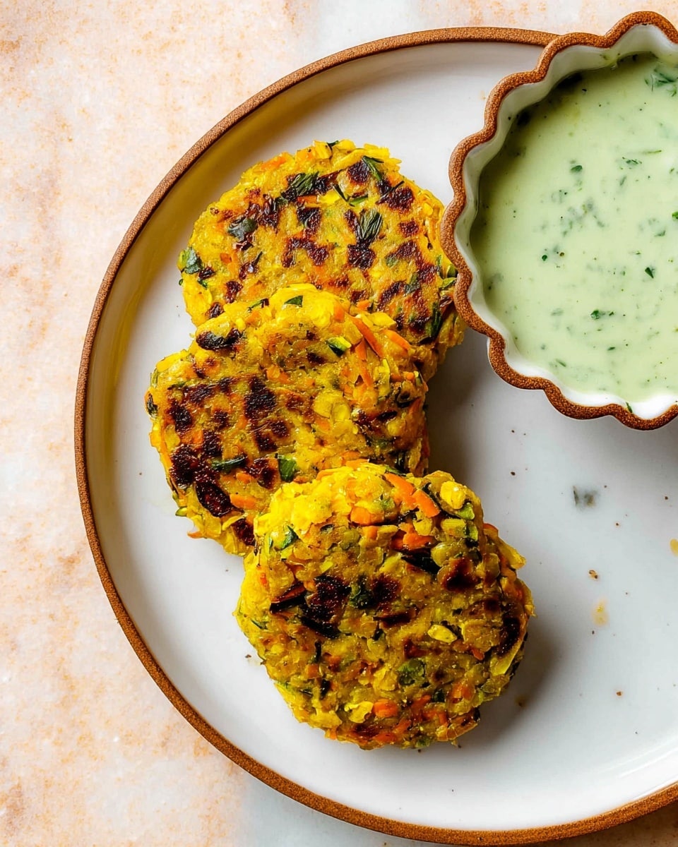 The image shows a white plate holding three small, round veggie patties that are golden yellow with brown grilled spots and bits of green, orange, and light yellow vegetables mixed in. The patties have a slightly rough and chunky texture. On the right side of the plate is a small bowl of light green creamy sauce with visible specks of herbs, set in a bowl that has a white interior and a brown scalloped edge. The plate sits on a white marbled surface that contrasts softly with the bright colors of the food. photo taken with an iphone --ar 4:5 --v 7