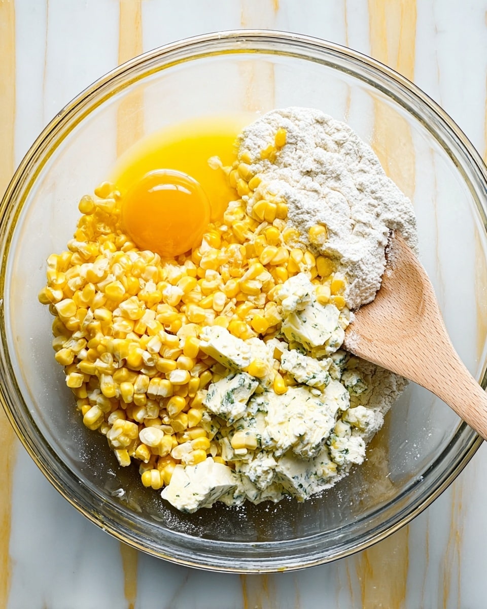 A large clear glass bowl is shown from above, placed on a white marbled surface. Inside the bowl, there are several layers of ingredients: on the left side, a bright yellow whole egg yolk with a bit of clear egg white surrounds it; next to it, a pile of yellow corn kernels sits mostly in the middle; on the right side and part of the bottom, there is a layer of white flour mixed with bits of green herbs; some creamy white cheese pieces are scattered on top near the flour. A wooden spoon with light brown color lies inside the bowl on the right side, partially covered by the corn kernels. photo taken with an iphone --ar 4:5 --v 7