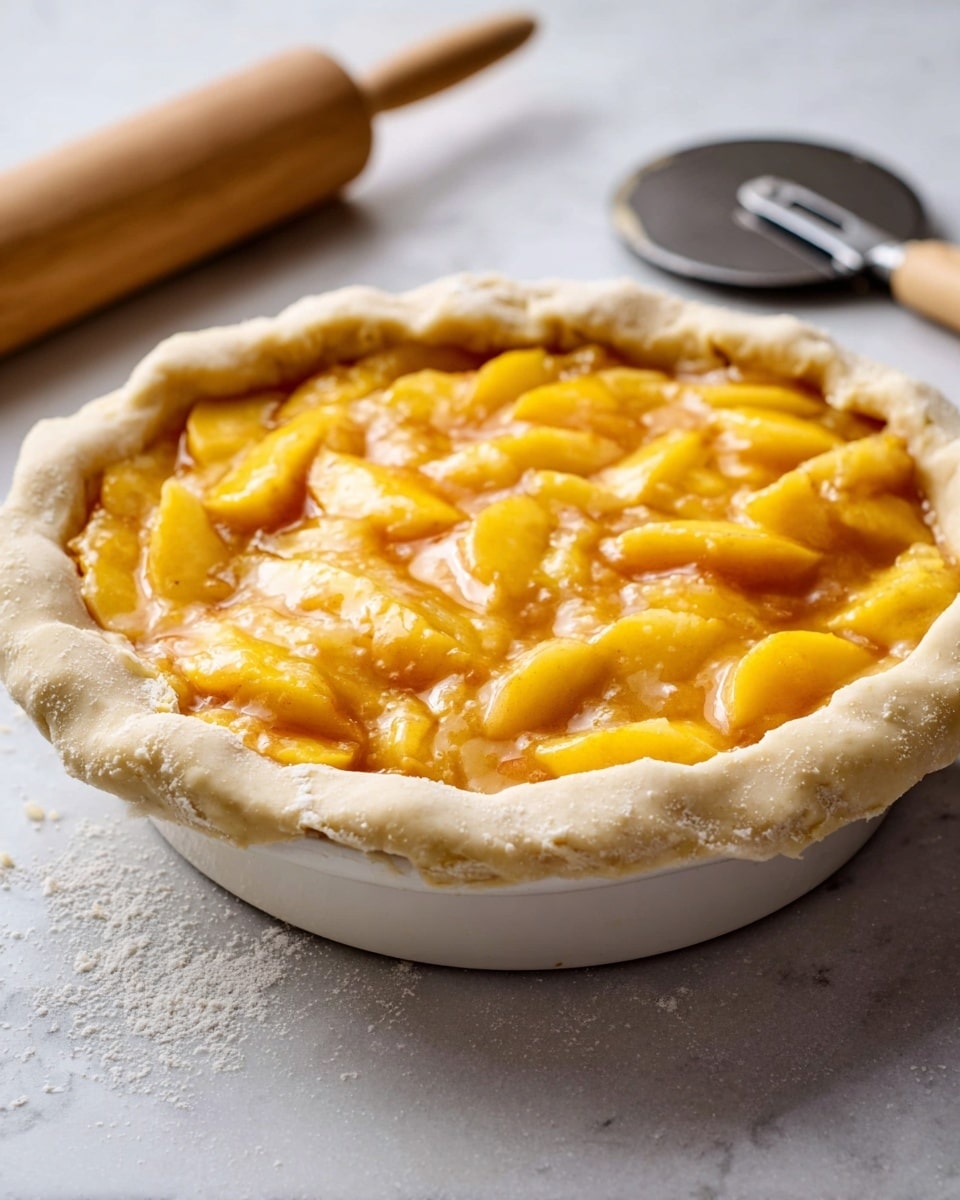 The image shows an unbaked peach pie with two clear layers inside a white pie dish. The bottom layer is light beige pie dough with a rough edge folded over the top. The second layer is a thick mix of golden-yellow peach slices covered in shiny juice filling the dough. The pie sits on a white marbled surface, with a pizza cutter and wooden rolling pin blurred in the background. Photo taken with an iphone --ar 4:5 --v 7