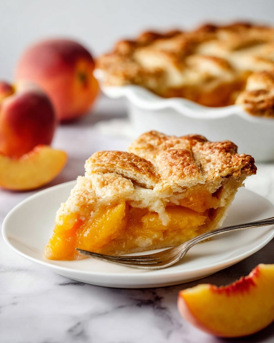 A slice of pie is set on a white plate with a silver fork beside it. The pie has two visible layers: the top layer is a golden-brown, thick crust with a slightly rough texture and crisscrossed pattern, while the bottom layer shows soft, bright orange peach filling that looks juicy and smooth. In the background, the rest of the pie is in a white pie dish, and two whole peaches are softly out of focus. A piece of peach is placed in front of the plate on a white marbled surface. photo taken with an iphone --ar 4:5 --v 7