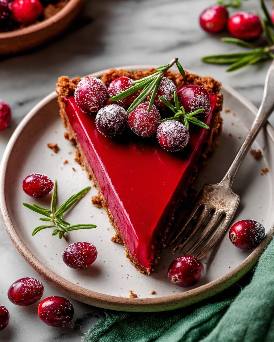 A single slice of bright red tart rests on a white plate, with a crumbly light brown crust forming the base and edges. The smooth, glossy red filling is topped with fresh shiny and frosted cranberries and a few sprigs of green rosemary, adding texture and color contrast. Some cranberries and rosemary sprigs are scattered on the white marbled surface around the plate. A silver fork lies on the plate beside the tart slice, and a green cloth napkin is partially visible to the right. Photo taken with an iphone --ar 4:5 --v 7
