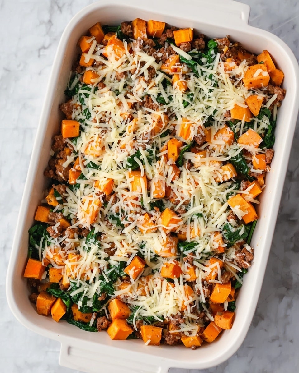 The image shows a white rectangular baking dish filled with a mixed layer of cubed orange sweet potatoes, cooked brown ground meat, and cooked dark green spinach, all evenly spread across the dish. On top of this colorful base, there is a scattered layer of shredded light yellow cheese, covering much of the vegetables and meat underneath. The dish is placed on a white marbled surface. photo taken with an iphone --ar 4:5 --v 7