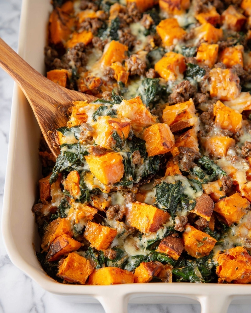 The image shows a white baking dish filled with a mixed casserole of three main layers: large cubes of bright orange sweet potatoes with skin still on, dark green cooked spinach leaves, and small browned ground meat pieces scattered throughout. There is a melted light yellow cheese layer that covers parts of the dish, adding a slightly creamy texture on top. A wooden spoon is scooping a portion from the bottom right corner, revealing all the layers mixed together with a glossy, cooked finish. The dish rests on a white marbled surface. photo taken with an iphone --ar 4:5 --v 7