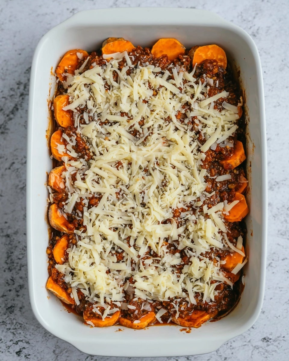 The image shows a white rectangular baking dish filled with a layered casserole. The bottom layer is made of round, orange slices that look like cooked sweet potatoes. Above this is a chunky, dark brown meat sauce with visible bits of tomato. On top of the sauce is a layer of shredded white cheese scattered unevenly. The baking dish sits on a white marbled surface. photo taken with an iphone --ar 4:5 --v 7