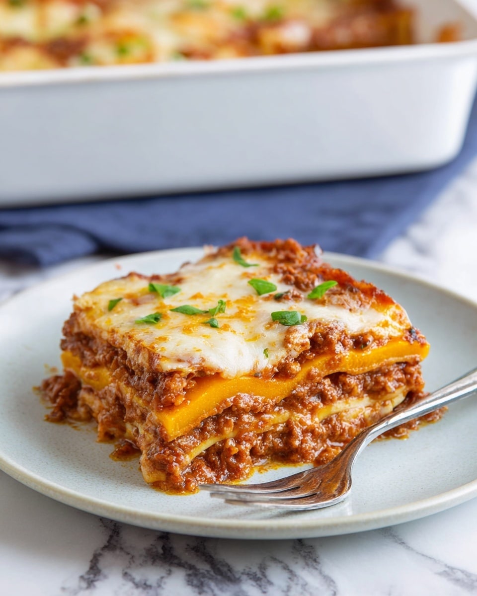A square piece of lasagna with four visible layers sits on a white marbled surface. The bottom layer is a rich brown meat sauce with visible small chunks, topped by a smooth, bright orange layer that looks like thinly sliced squash or pumpkin. Above this is another thick layer of the brown meat sauce mixed with melted white cheese, which also covers the top, slightly browned in spots. Small green herb pieces are sprinkled on top for color. The lasagna sits on a white plate with a silver fork next to it. In the blurred background, there is a white rectangular baking dish with more lasagna inside. Photo taken with an iphone --ar 4:5 --v 7