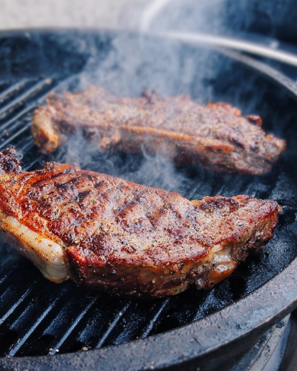 Two thick pieces of steak are cooking on a black grill inside a round grill pan, with smoke rising around them. The steaks have a browned and slightly charred surface with a mix of dark and light brown colors, showing grill marks and some seared fat edges. The background is a white marbled texture. photo taken with an iphone --ar 4:5 --v 7