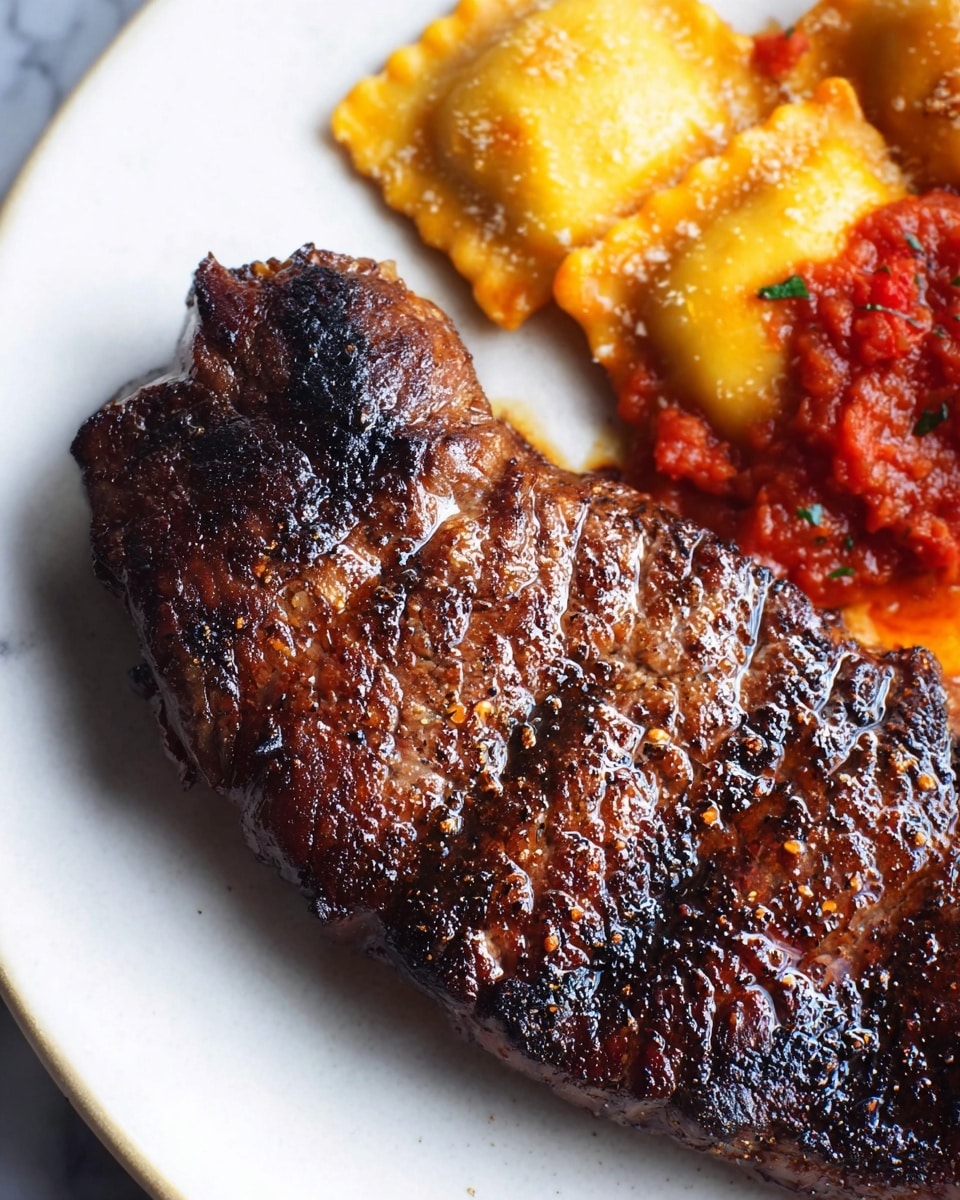 A close-up of a crispy, dark brown grilled steak with a shiny, slightly oily surface showing charred bits on top, resting on the right side of a white plate; to the left, there are two pieces of yellow square ravioli topped with a red tomato sauce that has a slightly chunky texture, all set on a white marbled surface. photo taken with an iphone --ar 4:5 --v 7