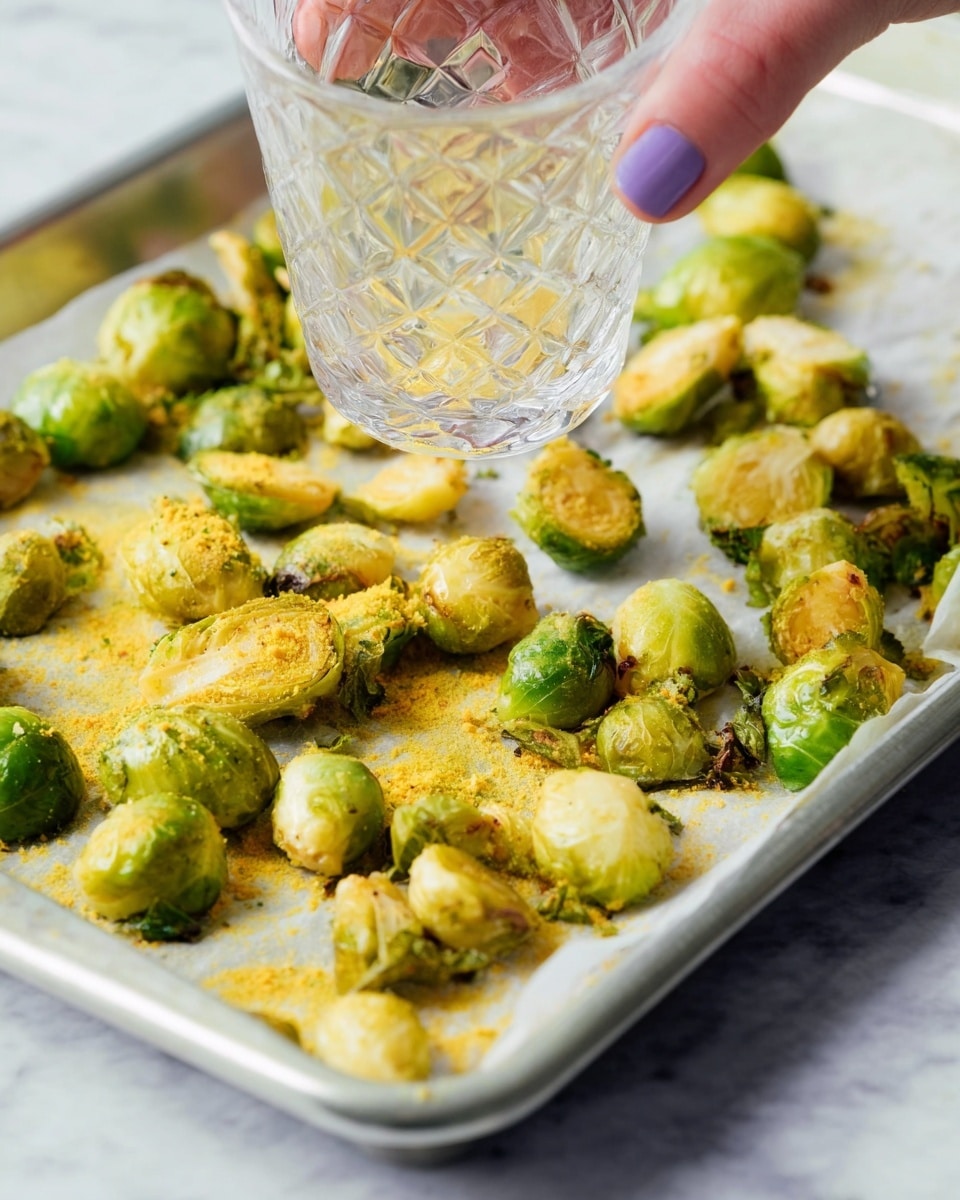 A close-up image shows a silver tray lined with white paper holding small roasted Brussels sprouts with a yellow seasoning powder sprinkled on them. The Brussels sprouts are green with some parts lightly browned, arranged unevenly across the tray. A woman's hand is holding a clear textured glass above the tray, creating a soft focus on the hand and glass. The tray sits on a white marbled surface. photo taken with an iphone --ar 4:5 --v 7