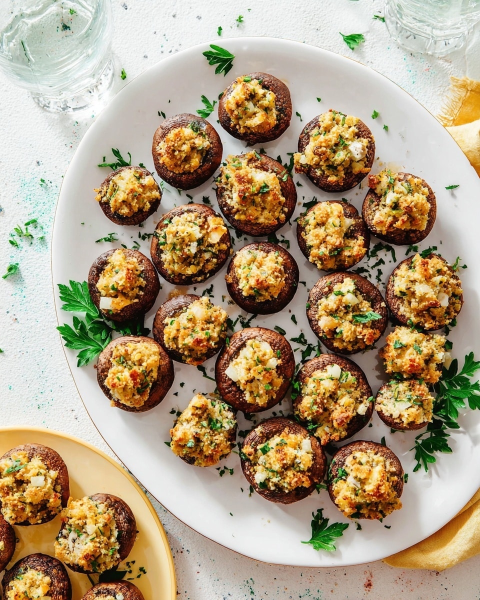 A large white plate is filled with about twenty small stuffed mushrooms neatly arranged close together, each mushroom cap deep brown with a slightly wrinkled texture and topped with a crumbly, light golden filling mixed with green herbs and small pieces of white and light brown ingredients. Some fresh green parsley leaves are scattered on the plate around the mushrooms, adding a splash of color. In the background, there is a smaller white plate with more stuffed mushrooms, also golden and green. The whole setup rests on a white marbled textured surface with two clear glasses partially visible in the top left corner. photo taken with an iphone --ar 4:5 --v 7