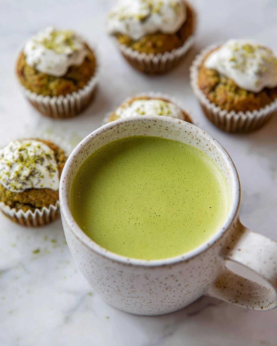 A white speckled mug filled with a smooth, bright green matcha drink sits on a white marbled surface. Surrounding the mug are small greenish-brown muffins with a soft texture, some topped with a dollop of white cream that looks fluffy and slightly uneven, sprinkled with fine green powder. The muffins have white paper liners, and the scene is lit softly, highlighting the freshness and creamy details of the drink and toppings photo taken with an iphone --ar 4:5 --v 7