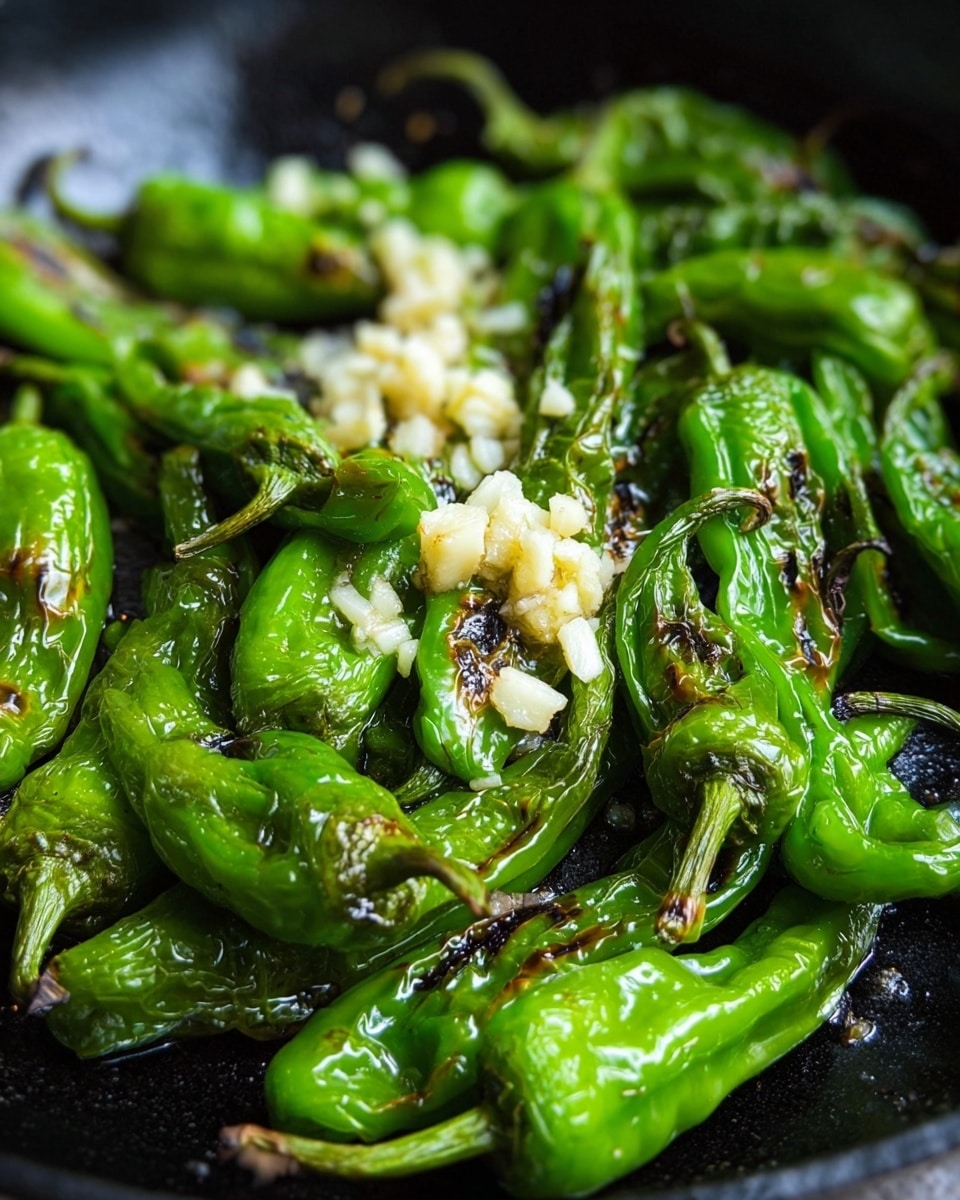 The image shows a close-up of shiny green peppers cooked in a black pan. There is a small pile of finely chopped white garlic placed on top of the peppers. The peppers have a slightly wrinkled texture with some dark char marks, and their bright green color contrasts with the black pan. The overall look is fresh and vibrant, with the garlic adding a bit of texture and color variety. photo taken with an iphone --ar 4:5 --v 7