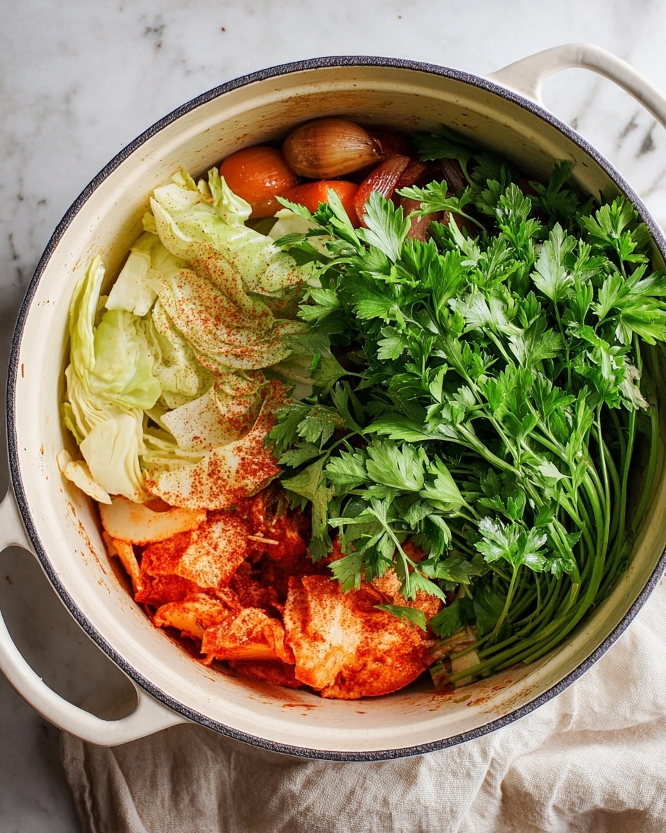 A white pot filled with different vegetables arranged in layers. At the bottom, there are red-orange pieces of cooked food, mostly covered by fresh green parsley with long stems on the right side. On the left side, there are light yellow cabbage pieces with some reddish seasoning on top. Near the middle, you can see part of a brown onion and some carrot pieces in orange color. The pot is set on a white marbled surface with a light beige cloth nearby. Photo taken with an iphone --ar 4:5 --v 7