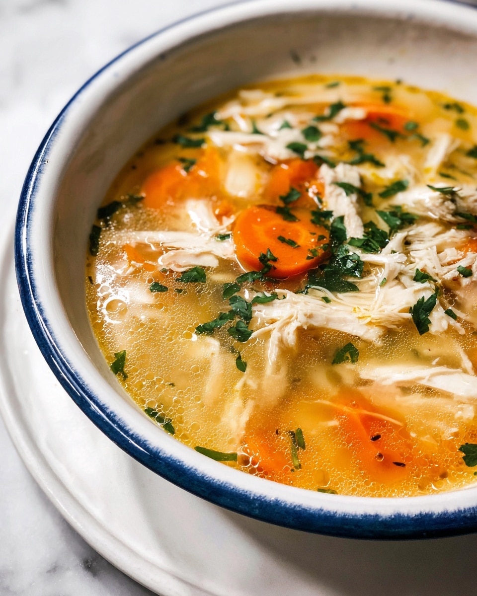 The image shows a white bowl with a blue rim filled with clear chicken soup. The soup has shredded white chicken pieces scattered throughout, with bright orange carrot slices mixed in. Small bubbles float in the light golden broth, and chopped green herbs are sprinkled on top. The bowl rests on a white plate with a white marbled surface underneath. Photo taken with an iphone --ar 4:5 --v 7