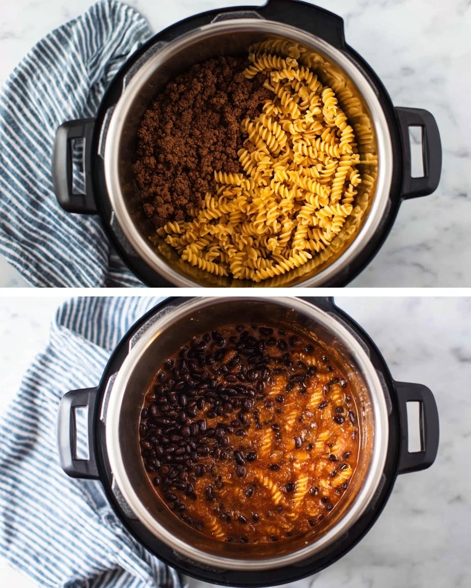 The image shows the inside of a black Instant Pot with two views. In the first view, the pot contains a bottom layer of dark brown cooked ground meat, covered by a layer of uncooked spiral pasta in a golden yellow color. The second view shows the same pot with the pasta now partially submerged in a rich reddish-brown liquid topped with shiny black beans, creating a thick stew-like texture. The pot sits on a white marbled surface with a blue and white striped cloth beside it. Photo taken with an iphone --ar 4:5 --v 7