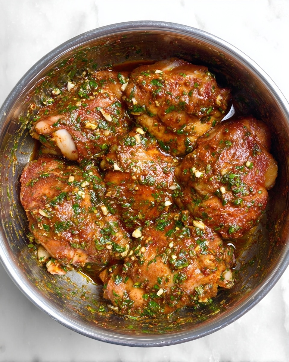 A silver metal bowl filled with several pieces of raw chicken thighs covered in a thick layer of reddish-brown marinade mixed with chopped green herbs and small pieces of garlic. The marinade has a slightly wet texture with visible herbs sprinkled all over the chicken pieces. The bowl sits on a white marbled surface. photo taken with an iphone --ar 4:5 --v 7