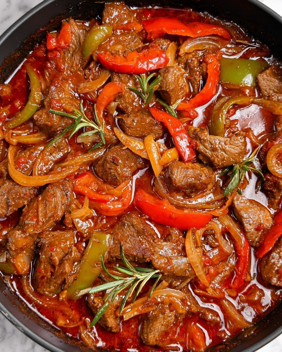 A black skillet filled with a rich stew showing three layers: the bottom layer has a thick reddish-brown sauce; the middle layer has large strips of brown cooked meat with visible texture and sprigs of green rosemary; the top layer includes bright red bell pepper slices, green chili pieces, sliced caramelized onions, and chunks of cooked garlic, all soaked in the glossy sauce, sitting on a white marbled surface photo taken with an iphone --ar 4:5 --v 7