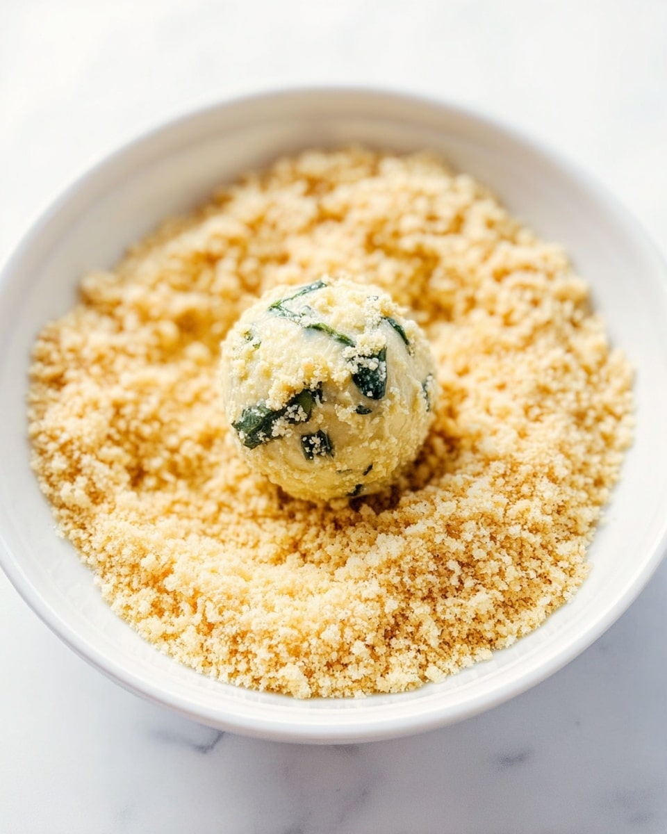 A white bowl filled with light golden breadcrumb mixture with fine, crumbly texture covers the bottom and sides. In the center, a single round ball of creamy, pale yellow mixture with visible green spinach pieces sits upright, showing a smooth and slightly shiny surface. The bowl is placed on a white marbled surface, with natural bright daylight softly illuminating the textures and colors. photo taken with an iphone --ar 4:5 --v 7