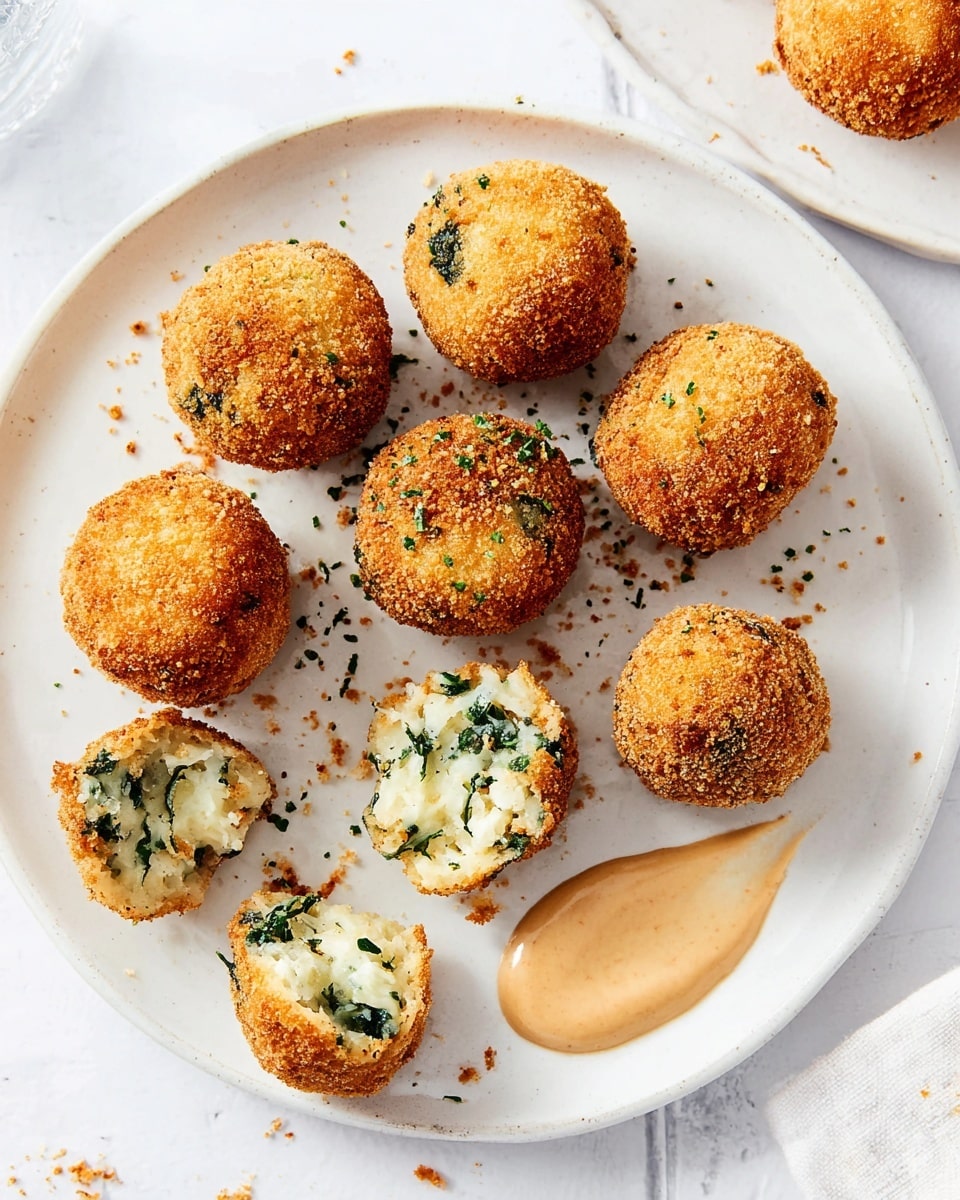 A white plate holds nine golden-brown round croquettes with a crispy texture, arranged loosely with some crumbs scattered around. Two croquettes are broken open, showing a soft inside filled with white mashed potatoes mixed with green herbs or spinach. Next to the croquettes on the plate is a dollop of smooth light brown dipping sauce. The plate sits on a white marbled surface with some crumbs nearby, and in the background, part of another white plate with a few more croquettes is visible. photo taken with an iphone --ar 4:5 --v 7