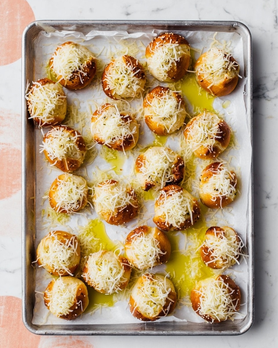 A metal baking tray lined with white parchment paper holds about twenty small round pretzel bites, each topped with a thick layer of shredded white cheese. The pretzel bites are golden brown with a soft texture and some have cracks showing the fluffy inside. Olive oil glistens on the parchment paper around the pretzel bites, creating shiny yellow patches. The background surface is white marbled with a few soft pinkish round shapes partially visible near the edges. Photo taken with an iphone --ar 4:5 --v 7