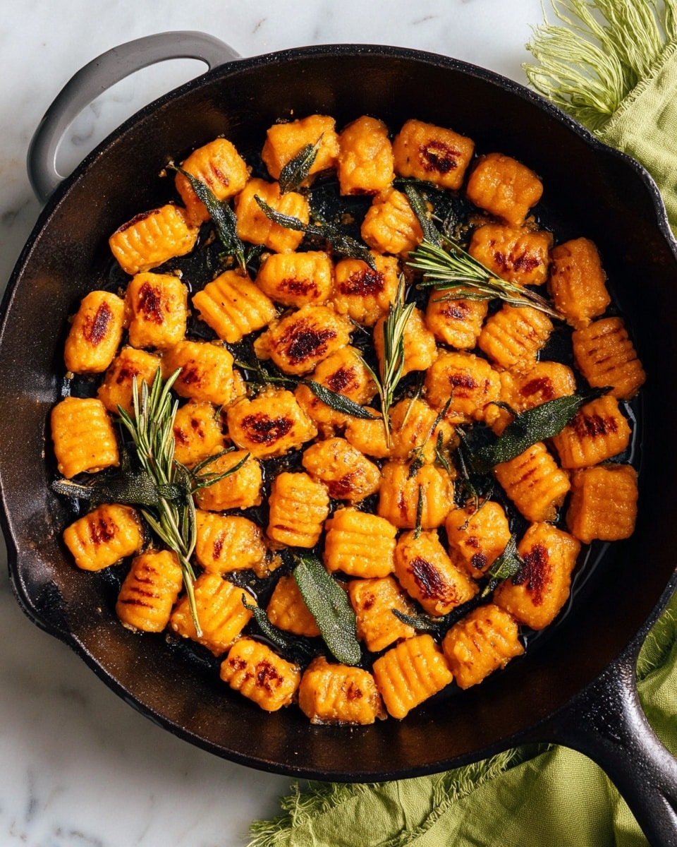 This image shows a black cast iron skillet filled with many small, orange gnocchi pieces that have browned grill marks on top, arranged evenly across the pan. Among the gnocchi are scattered dark green herbs, including rosemary sprigs and sage leaves, which add texture and color contrast. The skillet rests on a white marbled surface with a green cloth partially visible under the pan's handle on the right side. The overall look is warm and rustic, with rich orange and green tones against the black skillet and light background. photo taken with an iphone --ar 4:5 --v 7