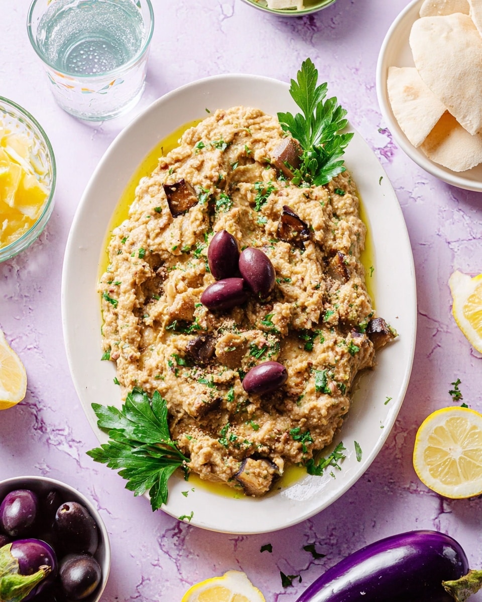 The dish shows a white oval plate filled with a mashed mixture of roasted eggplant that has a soft, creamy light brown and beige texture with small bits of green herbs mixed in. There is a drizzle of golden olive oil on top, and a few whole dark purple olives are placed in the middle as garnish. A couple of fresh green parsley leaves are set on the edge of the plate. Around the plate, there is a glass of water, a small clear bowl with more olives, halves of a bright yellow lemon, soft white pita bread pieces on a white plate, and a whole shiny purple eggplant. The background is a light purple with a white marbled texture. photo taken with an iphone --ar 4:5 --v 7
