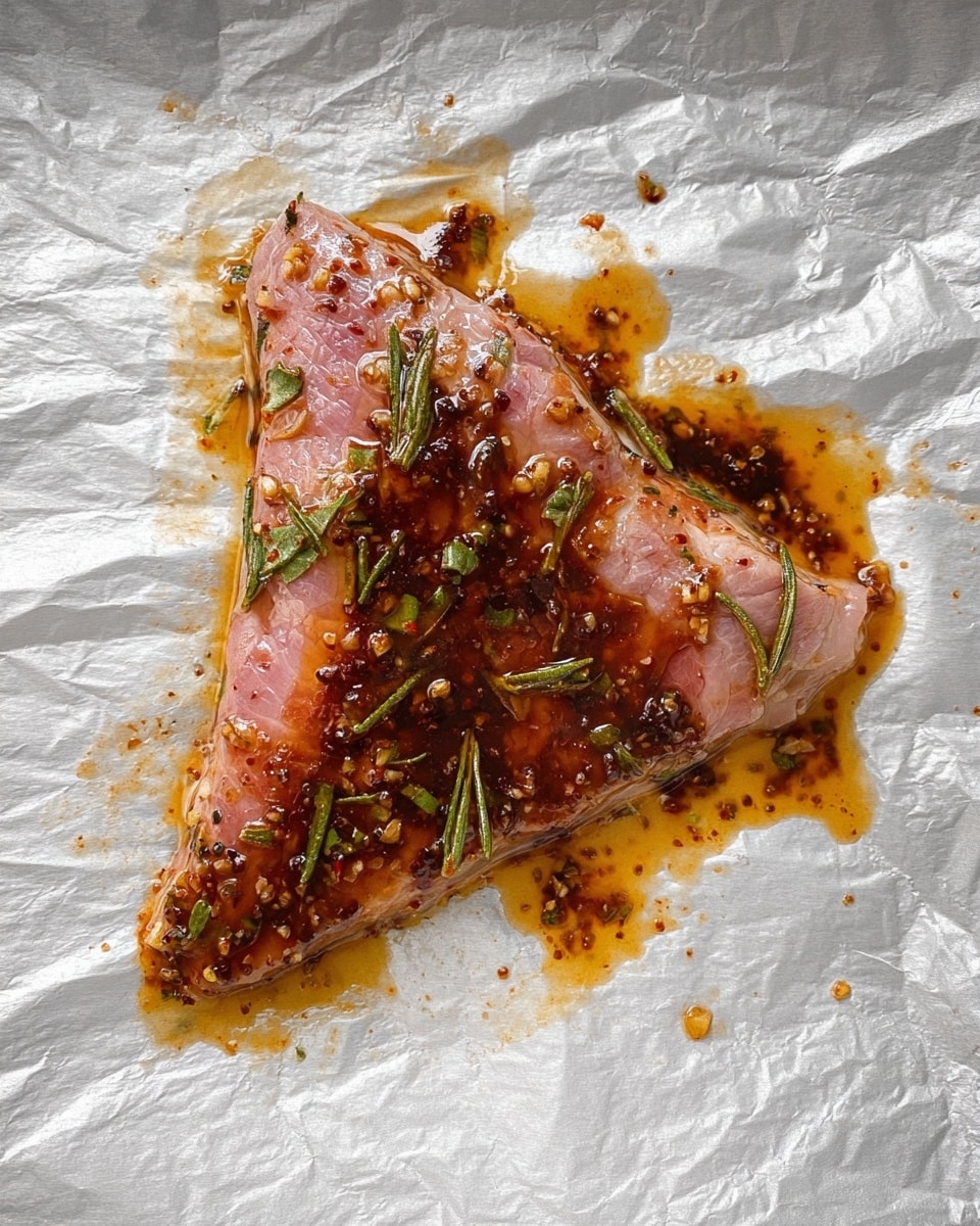 The image shows one triangular piece of raw meat placed flat on a textured white marbled surface with a crinkled look. The meat is covered in a dark brown sauce with small bits of garlic and green rosemary leaves scattered over it. The sauce spreads around the meat in uneven patches, creating a shiny, slightly oily texture. The meat itself is pinkish with some lighter areas, giving it a fresh, moist appearance. Photo taken with an iphone --ar 4:5 --v 7
