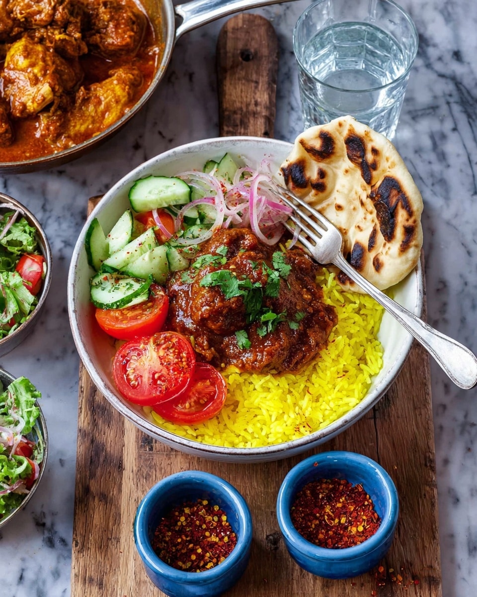 A metal pan full of thick red curry with chunks of meat and tomato slices on top, garnished with chopped green herbs. A piece of flatbread rests on the edge of the curry. A woman's hands hold the pan and a spoon with a dark handle, one hand steadying the pan and the other ready to scoop. The pan sits on a black round tray, surrounded by a bowl of bright yellow rice with a brown cinnamon stick on the side and a white bowl filled with colorful chopped salad made of cucumbers, tomatoes, and onions. A clear glass of water is nearby, all placed on a white marbled surface. photo taken with an iphone --ar 4:5 --v 7