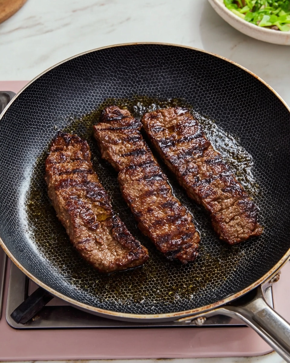 Three brown grilled strips of meat with dark grill marks lie flat in a black frying pan with a honeycomb textured surface. The meat pieces are shiny with cooking oil and slightly curled at the edges. The pan is centered on a small pink stove set on a white marbled countertop. Part of a white bowl with green contents is visible in the upper right background. Photo taken with an iphone --ar 4:5 --v 7