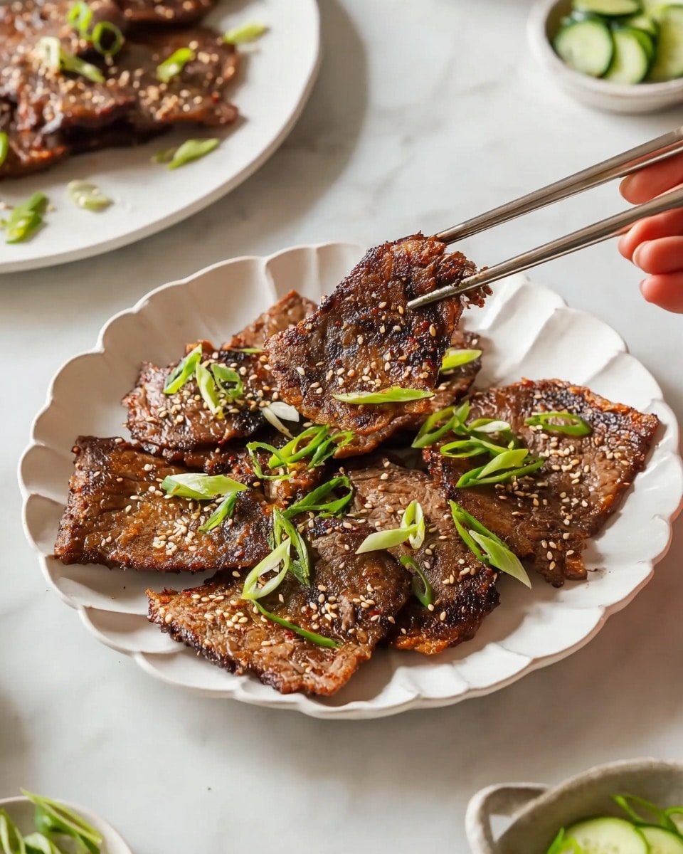A white scalloped plate holds about eight pieces of thin, browned grilled meat with a slightly charred look and a textured surface, each piece sprinkled with light sesame seeds and topped with thinly sliced green onions. One piece is held above the plate by a pair of metal chopsticks, grasped by a woman's hand, showing the dark grilled surface up close. In the background, there is a white scalloped plate with more grilled meat and a small white bowl with cucumber slices on a white marbled surface. Photo taken with an iphone --ar 4:5 --v 7