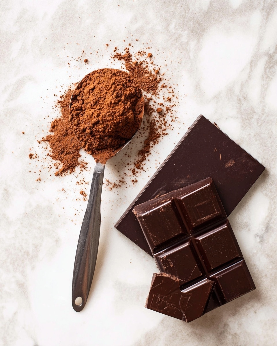 The image shows a metal measuring spoon filled with brown cocoa powder, slightly mounded and spilling a little onto a white marbled surface. To the right of the spoon, there are three pieces of dark chocolate, one large rectangular piece at the top, one smaller square piece below it, and part of a bar with segmented squares at the bottom. The dark chocolate pieces have smooth, glossy surfaces with a few small marks. Photo taken with an iphone --ar 4:5 --v 7